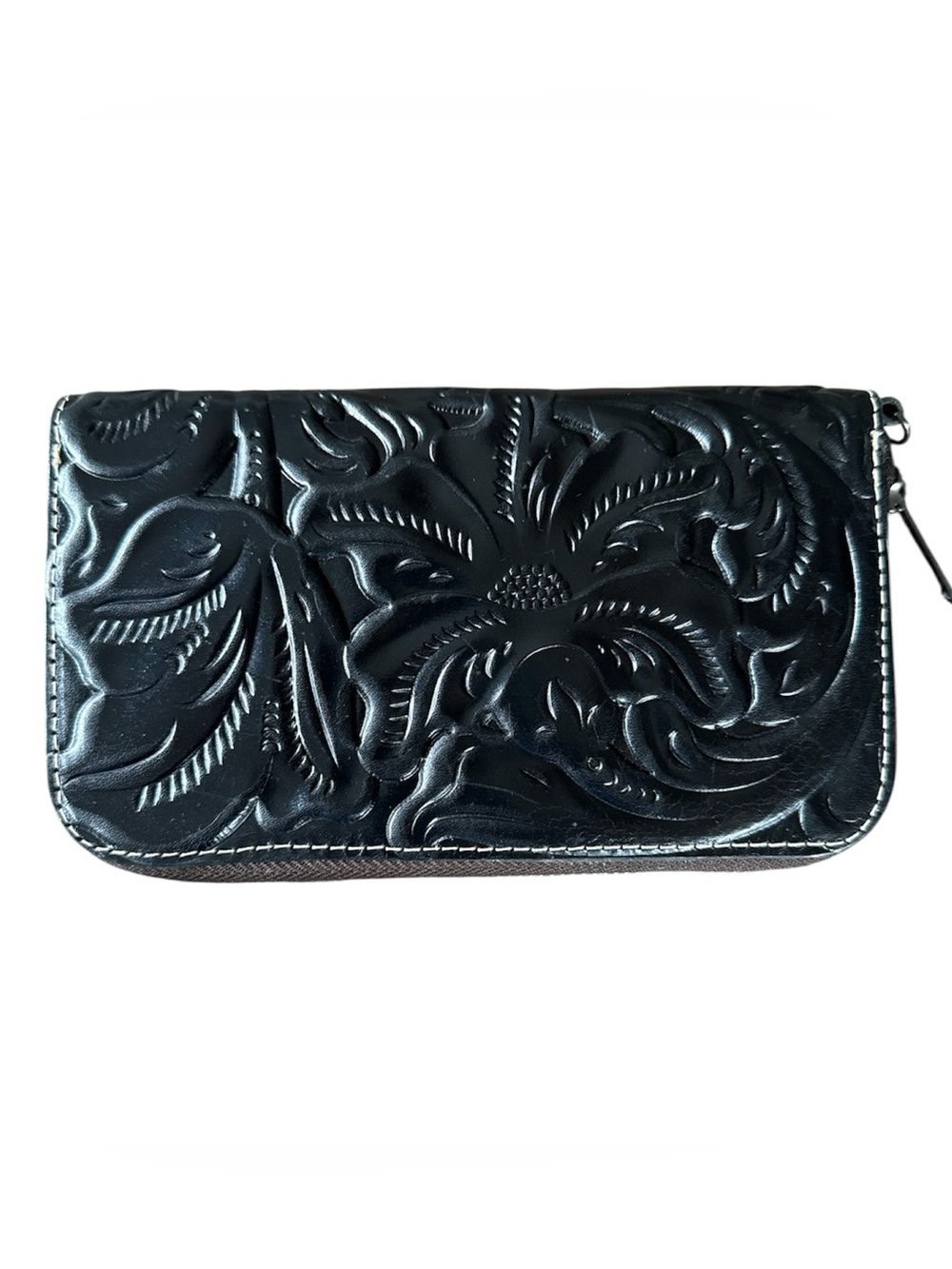 Patricia Nash black tooled leather floral full zip large wallet